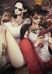 Rule 34 | 1boy, 1girl, alternate costume, beer keg, black hair, blue eyes, breasts, cigarette, cleavage, closed mouth, commentary request, drink, gun, hat, highres, holding, holding cigarette, holding drink, holding gun, holding weapon, large breasts, long hair, looking at viewer, monkey d. luffy, mouth hold, nico robin, nsgw, one piece, pants, red pants, shirt, short hair, shorts, sitting, smile, smoke, sunglasses, tank top, tattoo, weapon, white shirt, white tank top