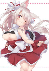Rule 34 | 1girl, ;3, absurdres, animal ear fluff, animal ears, azur lane, bare shoulders, bow, breasts, circle skirt, closed mouth, commentary request, dog ears, fang, hair bow, high-waist skirt, highres, long hair, looking at viewer, medium breasts, nail art, nail polish, nayuta hilo, one eye closed, red eyes, red skirt, scrunchie, shirt, silver hair, skirt, sleeveless, sleeveless shirt, smile, solo, standing, thick eyebrows, two side up, underboob, white bow, white shirt, wrist scrunchie, yuudachi (azur lane), yuudachi (carnivore carnival!) (azur lane), yuudachi (shogun of snowballs) (azur lane)