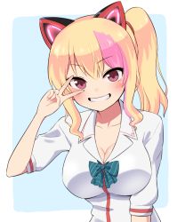Rule 34 | .live, 1girl, animal ears, bad id, bad pixiv id, blonde hair, blue bow, blush, bow, breasts, cat ears, collared shirt, dress shirt, fake animal ears, grin, hair between eyes, hair ornament, large breasts, long hair, looking at viewer, nekonoki mochi, pink hair, red eyes, shirt, short sleeves, side ponytail, smile, solo, striped, striped bow, upper body, v over eye, virtual youtuber, white shirt, yuukagen (poipoipopoino)