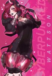 Rule 34 | 1girl, animification, apex legends, black bodysuit, black headwear, black jacket, black lips, bodysuit, breasts, cleavage, commentary, cyber punked wattson, english commentary, eyepatch, heart, heart hands, highres, horns, jacket, kitty keihara, lipstick, looking at viewer, makeup, mechanical arms, mechanical legs, official alternate costume, one eye covered, pink background, pink hair, single mechanical arm, smile, solo, wattson (apex legends)