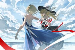 Rule 34 | 2girls, ahoge, alice margatroid, alternate costume, backless dress, backless outfit, black dress, black headwear, blonde hair, blue dress, cloud, cloudy sky, dress, highres, kirisame marisa, long hair, looking at another, meng ziya, multiple girls, shoulder blades, sky, sleeveless, smile, strapless, touhou, witch, yellow eyes