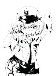 Rule 34 | 1girl, arm up, belt, blood, blood on clothes, bob cut, claw pose, commentary, cuffs, dress shirt, emblem, fang, fangs, girls und panzer, greyscale, halloween, halloween costume, handcuffs, hat, highres, katyusha (girls und panzer), long sleeves, looking at viewer, microskirt, monochrome, navel, necktie, open mouth, peaked cap, police, police hat, police uniform, pravda (emblem), sawamiszt, shirt, short hair, skirt, sleeves past fingers, sleeves past wrists, smile, solo, standing, stitched face, stitches, tongue, tongue out, torn clothes, torn shirt, uniform, wing collar