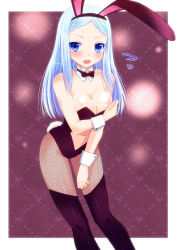 Rule 34 | 1girl, animal ears, bad id, bad pixiv id, blue eyes, blue hair, boots, bow, bowtie, breasts, cleavage, fake animal ears, fishnet pantyhose, fishnets, kay, kay (utd), long hair, matching hair/eyes, midriff, original, pantyhose, playboy bunny, rabbit ears, solo, thigh boots, thighhighs, wrist cuffs