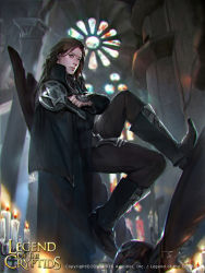 Rule 34 | 1boy, artist name, boots, candle, cape, copyright name, crossed arms, dated, highres, legend of the cryptids, long hair, male focus, official art, sitting, solo, window, zinnadu