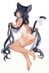 Rule 34 | 1girl, animal ears, ass, bare shoulders, barefoot, blush, bow, bridal garter, butt crack, cat ears, cat girl, cat tail, commentary, dark-skinned female, dark skin, dress, fangs, from behind, full body, highres, holding, holding hair, kanro ame (ameko), long hair, looking at viewer, looking back, low twintails, open mouth, original, see-through, solo, tail, thick eyebrows, twintails, twitter username, very long hair, white bow, white dress, yellow eyes