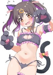 Rule 34 | 1girl, animal ears, animal hands, areola slip, bare shoulders, bell, black bra, black choker, black hair, black panties, blush, bra, breasts, brown eyes, cat cutout, cat ear panties, cat ears, cat lingerie, cat tail, choker, cleavage cutout, clothing cutout, collarbone, cosplay, dated, fang, frilled bra, frilled pantyhose, frills, gloves, hair ornament, hairclip, jingle bell, medium breasts, medium hair, meme attire, mokyutan, multicolored hair, navel, neck bell, onii-chan wa oshimai!, open mouth, oyama mahiro, oyama mahiro (cosplay), oyama mihari, panties, paw gloves, paw pose, purple hair, side-tie panties, simple background, solo, stomach, string panties, tail, thighs, twintails, twitter username, two-tone hair, underwear, wavy mouth, white background