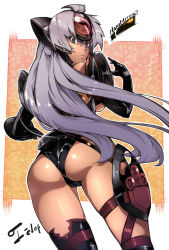 Rule 34 | 00s, 1girl, :&lt;, ahoge, akinaie, armor, ass, blue eyes, breasts, cameltoe, character name, colored eyelashes, cyborg, dark-skinned female, dark skin, from behind, grey hair, headpiece, long hair, looking at viewer, looking back, outline, romaji text, skindentation, solo, sweat, t-elos, tan, thigh strap, thighs, underboob, very long hair, wedgie, xenosaga, xenosaga episode iii