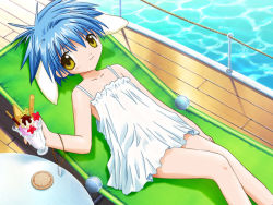 Rule 34 | 00s, 1girl, animal ears, blue hair, chair, galaxy angel, green eyes, looking at viewer, lounge chair, lying, mint blancmanche, non-web source, parfait, short hair, smile, solo, yellow eyes
