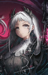 Rule 34 | 1girl, arknights, bird girl, black shirt, breasts, closed mouth, earrings, floating hair, forehead, franlol, frown, glowing, grey hair, head wings, highres, holding, holding lantern, irene (arknights), jewelry, lantern, large breasts, long hair, looking at viewer, red background, scar, scar across eye, shadow, shirt, short bangs, simple background, solo, upper body, v-shaped eyebrows, wings