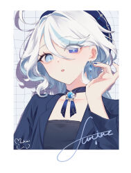 Rule 34 | 1girl, absurdres, beret, black dress, black jacket, blue eyes, blue hair, blue hat, blue nails, breasts, dress, earrings, furina (genshin impact), genshin impact, hair between eyes, hat, heterochromia, highres, jacket, jewelry, light blue hair, long hair, long sleeves, looking at viewer, mashiro io, multicolored hair, open mouth, small breasts, streaked hair, white hair