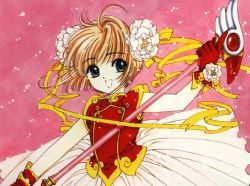 Rule 34 | 1990s (style), 1girl, cardcaptor sakura, clamp, flower, fuuin no tsue, kinomoto sakura, official art, retro artstyle, ribbon, smile, solo, tagme, wand