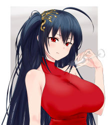Rule 34 | 1girl, ahoge, azur lane, bare shoulders, black hair, breasts, covered collarbone, cup, drinking glass, hair between eyes, highres, large breasts, long hair, looking at viewer, pouty lips, red eyes, sleeveless, solo, taihou (azur lane), taihou (forbidden feast) (azur lane), upper body, viperxtr, wine glass