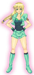 Rule 34 | 1990s (style), 1girl, bad id, bad pixiv id, blonde hair, boots, excel, excel saga, gloves, green footwear, satsuyo, shorts, solo