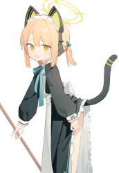 Rule 34 | 1girl, absurdres, animal ear headphones, animal ears, apron, black dress, blonde hair, blue archive, blue bow, blue bowtie, blush, bow, bowtie, cat ear headphones, cat tail, clothes lift, doribae, dress, dress lift, fake animal ears, fake tail, frilled dress, frills, halo, headphones, highres, lifted by self, lifted by tail, long sleeves, maid, maid apron, maid headdress, midori (blue archive), midori (maid) (blue archive), official alternate costume, open mouth, puffy long sleeves, puffy sleeves, revision, sidelocks, simple background, solo, tail, twintails, white apron, white background, yellow eyes, yellow halo