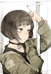 Rule 34 | 1girl, absurdres, black choker, black shirt, bob cut, choker, cigarette, closed mouth, from side, grey hair, hand up, highres, hiranko, holding, holding cigarette, jacket, jewelry, leon the professional, long sleeves, mathilda lando, necklace, shirt, short hair, smoke, solo, upper body, yellow eyes