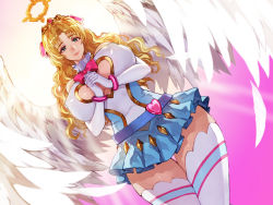 Rule 34 | 1girl, angel, angel wings, bare shoulders, blonde hair, blue eyes, blush, bow, bowtie, breasts, cleavage, cleavage cutout, clothing cutout, crown, dutch angle, elbow gloves, feathered wings, feathers, game cg, gloves, hair ribbon, halo, heart, heart cutout, holding hands, large breasts, long hair, looking at viewer, miniskirt, nbo, own hands clasped, own hands together, parted bangs, pleated skirt, ribbon, skirt, smile, solo, thighhighs, white gloves, white wings, wings