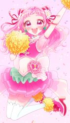 Rule 34 | 1girl, :d, arm up, back bow, blush, bow, clover earrings, cone hair bun, confetti, crop top, cure yell, double bun, flower, full body, hair bun, hair flower, hair ornament, hair ribbon, heart, heart hair ornament, highres, hugtto! precure, kuzumochi, layered skirt, long hair, looking at viewer, magical girl, nono hana, open mouth, pink background, pink eyes, pink footwear, pink hair, pink skirt, pom pom (cheerleading), precure, puffy sleeves, red ribbon, ribbon, see-through, see-through sleeves, shoes, simple background, skirt, smile, solo, thighhighs, white bow, white thighhighs, zettai ryouiki