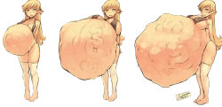 1girl bikini blonde_hair breast_expansion creature_inside faustsketcher inflation long_hair looking_at_viewer open_mouth pointy_ears pregnant sequence simple_background smile solo stomach_bulge swimsuit tentacles thighhighs white_background