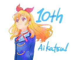 Rule 34 | 1girl, aikatsu!, aikatsu! (series), arms behind back, blonde hair, blue jacket, bow, closed mouth, commentary request, copyright name, hair bow, hairband, highres, hoshimiya ichigo, jacket, long hair, long sleeves, neck ribbon, red bow, red eyes, red hairband, red ribbon, ribbon, school uniform, shirt, simple background, smile, solo, starlight academy school uniform, upper body, watanabe satomi, white background, white shirt