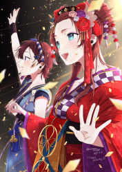 Rule 34 | 2girls, absurdres, aion no uta (love live!), alternate hairstyle, aqua eyes, artist name, artist request, bell, blue bow, blue eyes, blue kimono, blush, bow, braid, breasts, brown hair, collarbone, crown braid, emma verde, female focus, floral print, flower, flower print, freckles, hair between eyes, hair flower, hair ornament, hair over shoulder, hair stick, hairband, hand up, highres, holding, holding hands, japanese clothes, kimono, kimono skirt, long hair, long sleeves, looking at viewer, love live!, love live! nijigasaki high school idol club, love live! school idol festival, love live! school idol festival all stars, low twintails, medium breasts, microphone, miniskirt, multiple girls, nail, nail polish, obi, parted lips, pink flower, pink nails, plaid, plaid skirt, pleated, pleated skirt, polka dot, polka dot bow, polka dot hairband, purple eyes, purple flower, red flower, red hair, red kimono, sash, short hair, short kimono, short sleeves, skirt, small breasts, smile, star (symbol), star hair ornament, striped bow, striped clothes, striped hairband, sweatdrop, twintails, white bow, white flower, wide sleeves