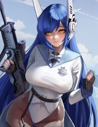 Rule 34 | 1girl, absurdres, assault rifle, black pantyhose, blue hair, blue sailor collar, blue sky, blush, bow, bowtie, breasts, bullpup, cloud, cloudy sky, fingerless gloves, girls&#039; frontline, gloves, gun, headgear, highres, holding, holding gun, holding magazine (weapon), holding weapon, iwi tavor, large breasts, lazik 1337, long hair, looking at viewer, magazine (weapon), pantyhose, rifle, sailor collar, sky, solo, tar-21 (girls&#039; frontline), trigger discipline, very long hair, weapon, white bow, white bowtie, yellow eyes