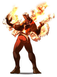 Rule 34 | 1boy, back, capcom, colored skin, falcoon, fire, from behind, fundoshi, japanese clothes, male focus, red skin, simple background, solo, street fighter, street fighter iii (series), urien, white hair