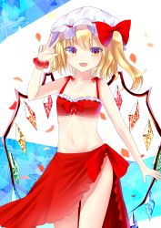 Rule 34 | 1girl, alternate costume, bare arms, bikini, blonde hair, breasts, collarbone, contrapposto, cowboy shot, fangs, flandre scarlet, hand up, hat, hat ribbon, highres, looking at viewer, mob cap, multicolored eyes, navel, open mouth, petals, red bikini, ribbon, sakizaki saki-p, sarong, scrunchie, short hair, side ponytail, simple background, small breasts, solo, standing, swimsuit, touhou, two-tone background, w, wings, wrist scrunchie