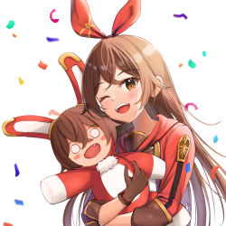 Rule 34 | 1girl, ;d, amber (genshin impact), baron bunny (genshin impact), blush, blush stickers, brown eyes, brown gloves, brown hair, confetti, fang, genshin impact, gloves, hair ribbon, highres, long hair, long sleeves, looking at viewer, o o, hugging object, one eye closed, open mouth, qoray7, red ribbon, ribbon, simple background, smile, solo, stuffed animal, stuffed rabbit, stuffed toy, teeth, upper body, upper teeth only, very long hair, white background