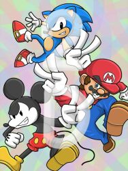 Rule 34 | blue eyes, brown hair, disney, facial hair, gloves, grin, hat, looking at viewer, mario, mario (series), mickey mouse, mouse (animal), mustache, nintendo, overalls, sega, shorts, smile, sonic (series), sonic the hedgehog, tail, v