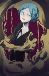 Rule 34 | androgynous, aqua eyes, aqua hair, bad id, bad twitter id, crying, crying with eyes open, gem uniform (houseki no kuni), gender request, gold, golden arms, green eyes, green hair, highres, houseki no kuni, looking at viewer, necktie, phosphophyllite, short hair, solo, spoilers, tears
