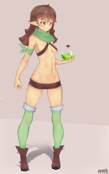 Rule 34 | 1girl, blush, brown hair, elf, flask, highres, medium hair, meolucky147, pointy ears, red eyes, revealing clothes, solo