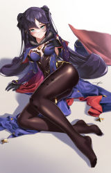 1girl ass black_pantyhose blush chinese_clothes feet full_body genshin_impact grey_eyes hair_between_eyes hair_ribbon hand_on_own_chest highres jewelry long_hair looking_at_viewer mona_(genshin_impact) pantyhose purple_hair ribbon shadow simple_background solo thighlet thighs twintails yabacha