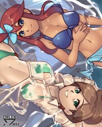 Rule 34 | 2girls, artist name, aurea juniper, bikini, blue bikini, breasts, brown hair, buttons, cleavage, commentary, creatures (company), eyelashes, from above, game freak, green bikini, green eyes, grin, hair ornament, hand on own stomach, highres, looking at viewer, lying, multiple girls, navel, nintendo, on back, one side up, orlek, parted bangs, pokemon, pokemon bw, red hair, sarong, shirt, short hair, sidelocks, skyla (pokemon), smile, swimsuit, teeth, water, wet, wet clothes, wet shirt, white shirt