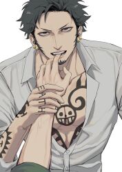 Rule 34 | 2boys, bare pectorals, bite mark, black hair, chest tattoo, collarbone, dress shirt, earrings, facial hair, finger in another&#039;s mouth, fulenimenle, goatee, highres, holding, holding another&#039;s arm, jewelry, long sideburns, looking at viewer, male focus, multiple boys, one piece, open clothes, out of frame, pectorals, pov, pov hands, roronoa zoro, shirt, short hair, sideburns, sleeves rolled up, solo, tattoo, trafalgar law, upper body, v-shaped eyebrows, veins, veiny arms, white background, white shirt, yaoi
