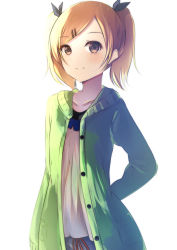 Rule 34 | 1girl, arm behind back, bad id, bad pixiv id, bloom, blue skirt, blush, brown eyes, brown hair, cardigan, closed mouth, collarbone, commentary request, flat chest, green sweater, hair ornament, hairclip, highres, looking at viewer, medium hair, natsume suzuri, open cardigan, open clothes, parted bangs, shirobako, shirt, short hair, simple background, skirt, smile, solo, sweater, two side up, upper body, white background, white shirt, yano erika