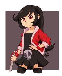 Rule 34 | 1girl, absurdres, alternate hairstyle, ashley (warioware), black dress, black hair, black thighhighs, blouse, commission, crazy galaxy, dress, hand on own hip, highres, jacket, long hair, mateus upd, nintendo, official alternate costume, red eyes, red jacket, shirt, sidelocks, simple background, skull print, solo, thighhighs, warioware, zettai ryouiki