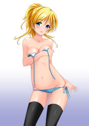 Rule 34 | 10s, 1girl, ayase eli, bare shoulders, bikini, unworn bikini top, black thighhighs, blonde hair, blue background, blue bikini, blue eyes, blush, breasts, collarbone, contrapposto, covering privates, covering breasts, gradient background, groin, highres, kaze makase, large breasts, long hair, looking at viewer, love live!, love live! school idol project, md5 mismatch, navel, side-tie bikini bottom, solo, standing, swimsuit, thighhighs, untied bikini