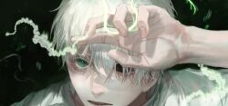 Rule 34 | 1boy, absurdres, black background, close-up, collared shirt, creature, dark, eyelashes, fingernails, ginko, glowing, green eyes, hair over eyes, hand up, highres, hollow eyes, looking at viewer, male focus, mushishi, one-eyed, portrait, shirt, short hair, simple background, solo, white hair, white shirt, yangshu893
