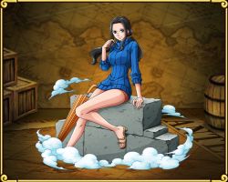 Rule 34 | 1girl, black hair, female focus, high heels, long hair, nico robin, official art, one piece, one piece: treasure cruise, ponytail, shorts, sitting, smile, smoke, solo, sweater, thighs, umbrella, aged down