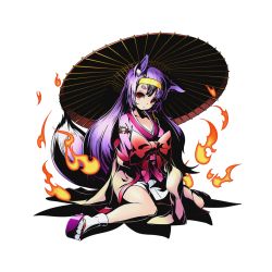Rule 34 | 10s, 1girl, alpha transparency, animal ear fluff, animal ears, divine gate, fire, fox ears, fox tail, hatsuse izuna, japanese clothes, kimono, long hair, no game no life, official art, oil-paper umbrella, aged up, purple hair, red eyes, sandals, short kimono, solo, tabi, tail, transparent background, ucmm, umbrella