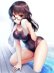 Rule 34 | 1girl, agatsuma kaede, alice gear aegis, black eyes, black hair, black one-piece swimsuit, breasts, closed mouth, collarbone, commentary request, competition swimsuit, covered navel, doyouwantto, dripping, glasses, highres, large breasts, long hair, looking at viewer, one-piece swimsuit, pool, poolside, red-framed eyewear, semi-rimless eyewear, smile, solo, swimsuit, taut clothes, taut swimsuit, towel, towel around neck, under-rim eyewear, wet, wet clothes, wet swimsuit, white towel