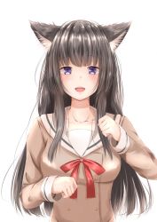 Rule 34 | 1girl, :d, absurdres, animal ears, bad id, bad pixiv id, bang dream!, black hair, blush, buttons, cat ears, clenched hands, commentary request, double-breasted, hanasakigawa school uniform, highres, kemonomimi mode, kisaragi yaya, long hair, long sleeves, looking at viewer, neck ribbon, open mouth, paw pose, purple eyes, red ribbon, ribbon, sailor collar, school uniform, shirokane rinko, simple background, smile, solo, upper body, white background