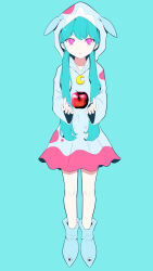 Rule 34 | 1girl, absurdres, alternate costume, apple, aqua hair, blue footwear, closed mouth, crescent, dress, expressionless, food, fruit, full body, hatsune miku, highres, hood, hooded dress, looking at viewer, multicolored clothes, multicolored dress, pink eyes, pinocchio-p, shoes, solo, vocaloid, yozurina (vocaloid)