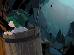 Rule 34 | 1girl, bucket, cave interior, closed mouth, commentary request, from side, green eyes, green hair, hair bobbles, hair ornament, in bucket, in container, japanese clothes, kaigen 1025, kimono, kisume, medium hair, no lineart, smile, solo, touhou, white kimono, wooden bucket