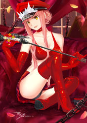 Rule 34 | 1girl, bare shoulders, black panties, boots, bra, breasts, chain, cleavage, collarbone, dated, detached collar, elbow gloves, fate/grand order, fate (series), gloves, hair bun, hat, high heel boots, high heels, highres, knee up, long hair, looking at viewer, medb (alluring chief warden look) (fate), medb (fate), medium breasts, panties, peaked cap, petals, pink hair, red bra, red footwear, red gloves, red headwear, red skirt, revision, riding crop, sidelocks, signature, single hair bun, sitting, skirt, smile, thigh boots, thighhighs, tiara, underwear, yellow eyes, yipaint
