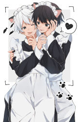 Rule 34 | 2boys, absurdres, animal ears, animal print, apron, artist request, bad id, bad pixiv id, black eyes, black hair, cat boy, cat ears, character request, copyright request, fish print, heart, highres, long sleeves, looking at another, maid, maid headdress, male focus, multiple boys, one eye closed, paw print, short hair, simple background, spoken heart, tongue, tongue out, trap, white apron, white background, white hair, yaoi