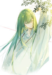 Rule 34 | 1other, ambiguous gender, androgynous, commentary request, enkidu (fate), fate/extra, fate/extra ccc, fate/grand order, fate/strange fake, fate/zero, fate (series), green eyes, green hair, light green hair, light particles, long hair, looking away, parted lips, robe, shichimi (ftlvampire32), smile, solo, teeth, toga, upper body, very long hair, white robe, wide sleeves