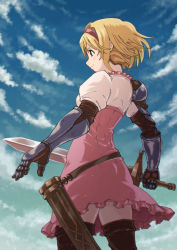 Rule 34 | 1girl, armor, blonde hair, blue sky, closed mouth, cowboy shot, day, djeeta (granblue fantasy), dress, from behind, gauntlets, granblue fantasy, hairband, highres, holding, holding sword, holding weapon, horyuu, outdoors, pink dress, pink hairband, puffy sleeves, short hair, sky, solo, standing, sword, thighhighs, unsheathed, weapon