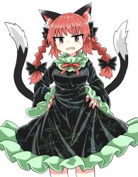Rule 34 | animal ears, black bow, black dress, black tail, bow, braid, cat ears, cat tail, chups, cowboy shot, dress, extra ears, fang, frilled dress, frilled skirt, frilled sleeves, frills, green frills, hands on own hips, highres, kaenbyou rin, looking at viewer, multiple tails, nail polish, red eyes, red hair, red nails, red neckwear, simple background, skirt, solo, tail, touhou, twin braids, two tails, white background