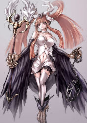 Rule 34 | 1girl, bare shoulders, black wings, breasts, chain, choker, claws, clothing cutout, collarbone, duel monster, emudoru, grey background, harpie channeler, harpy, holding, long hair, looking at viewer, matching hair/eyes, monster girl, navel, navel cutout, orange eyes, orange hair, simple background, smile, solo, staff, thighhighs, twintails, white thighhighs, winged arms, wings, yu-gi-oh!